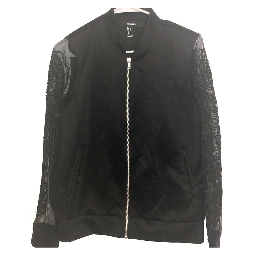 Black Silk zip up sweater with lace sleeves